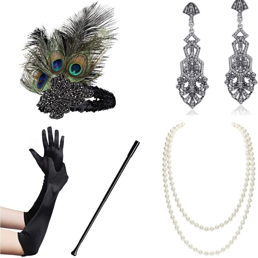 SET OF 5 1920s Flapper Gatsby Headband Earrings Necklace Gloves Cigarette Holder